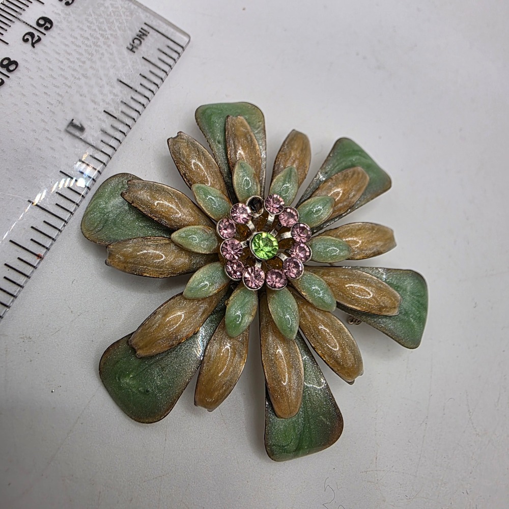 Vintage Enamel Flower Brooch Green Bronze Pink Rhinestone Layered Floral Pin